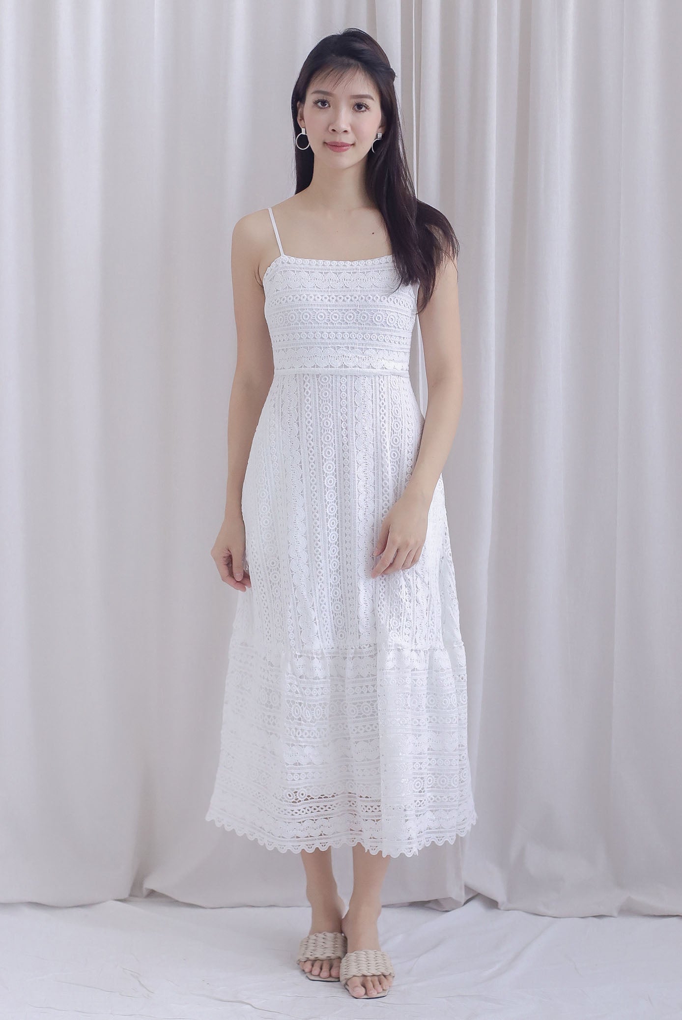 Weave Crochet Spaghetti Maxi Dress In White