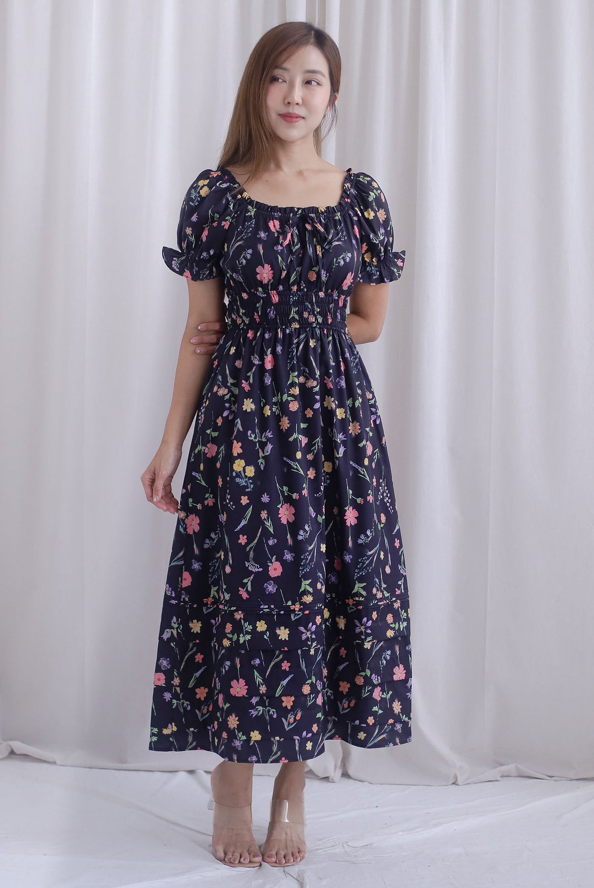 Whisper Frill Ruched Puffy Sleeve Pintuck Maxi Dress In Black Floral