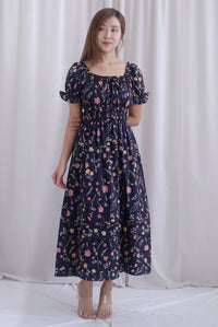 Whisper Frill Ruched Puffy Sleeve Pintuck Maxi Dress In Black Floral