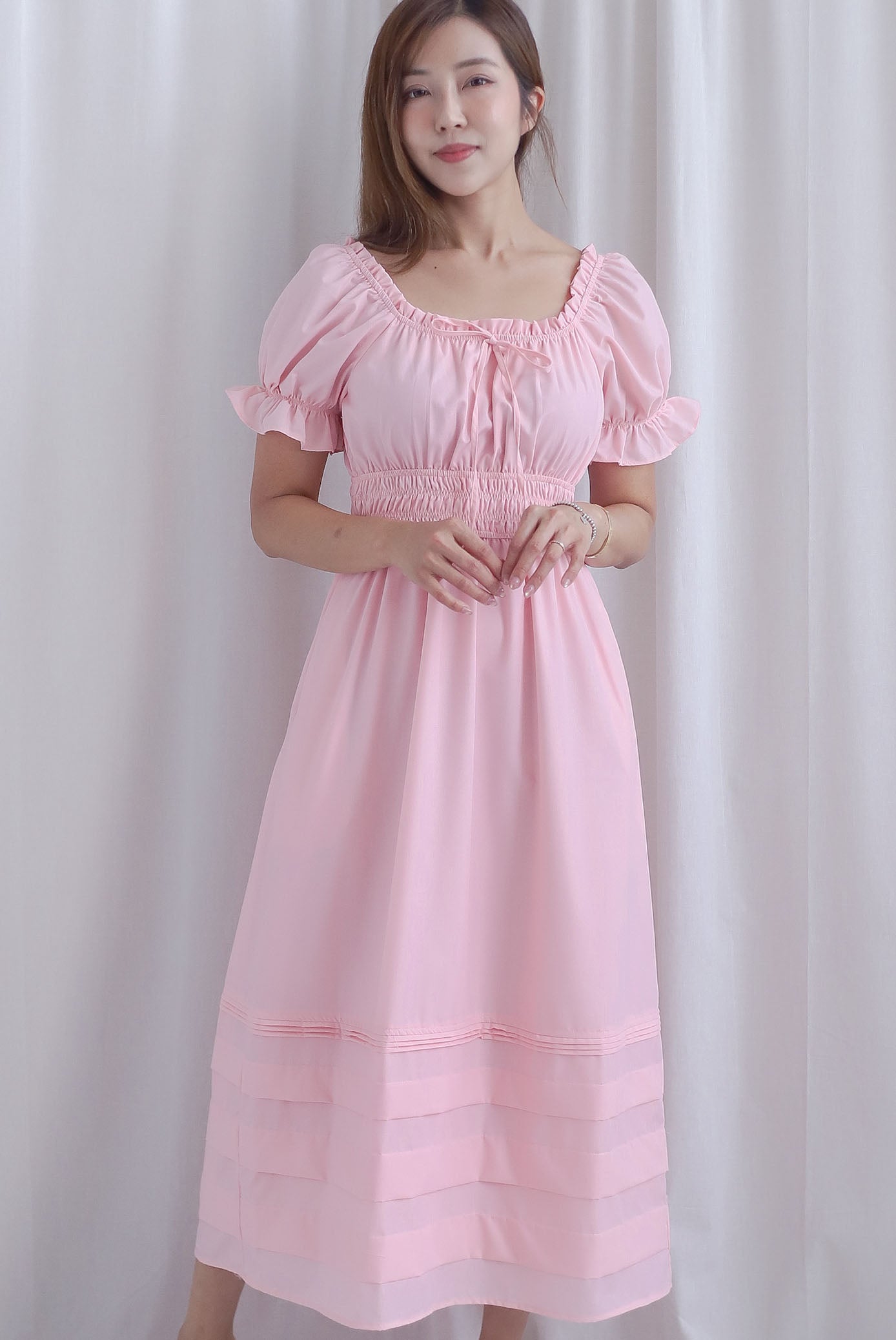 Whisper Frill Ruched Puffy Sleeve Pintuck Maxi Dress In Pink