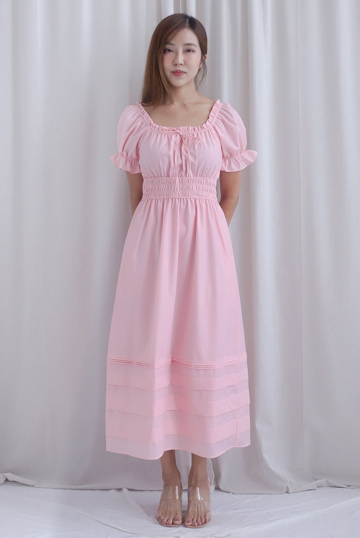 Whisper Frill Ruched Puffy Sleeve Pintuck Maxi Dress In Pink