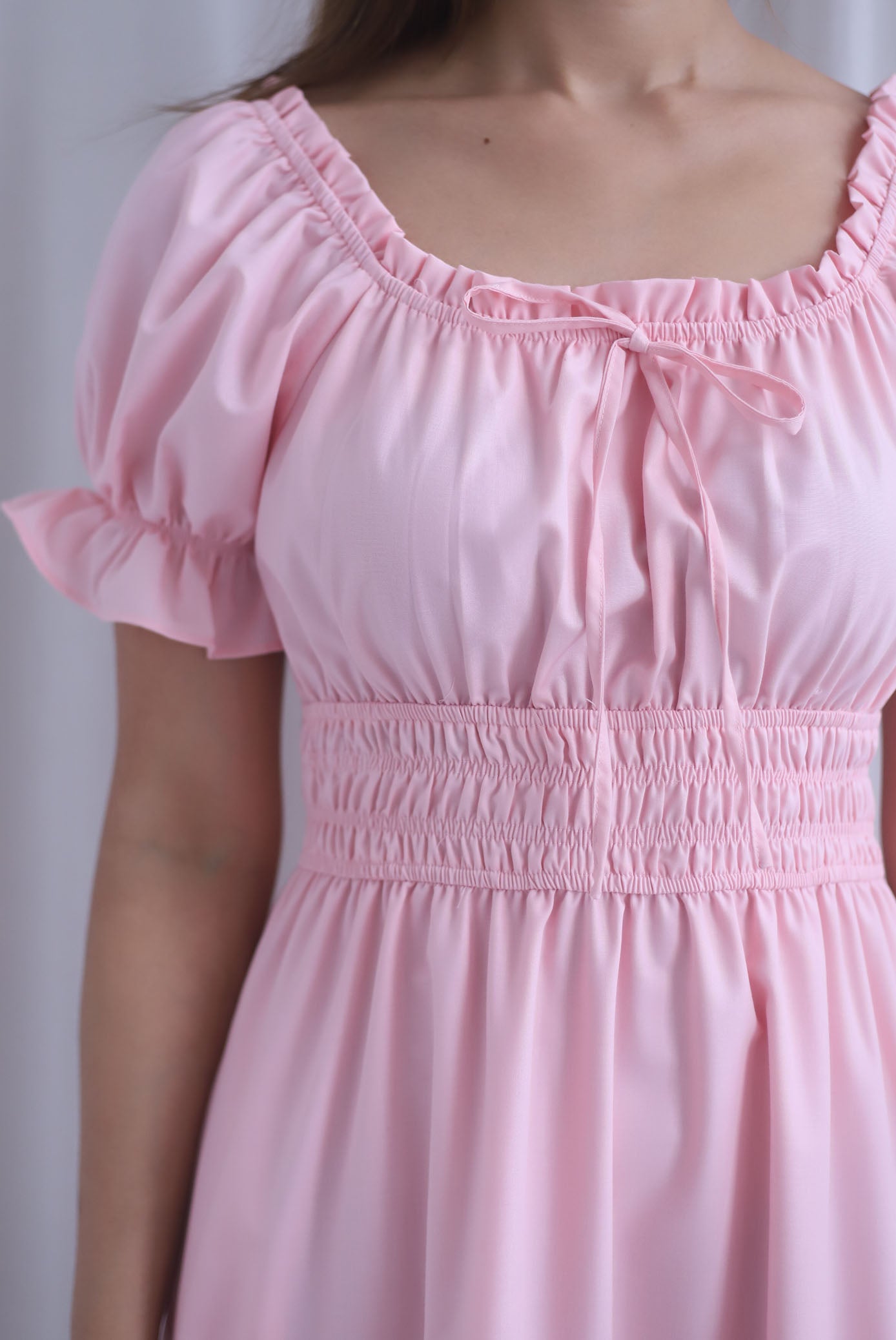 Whisper Frill Ruched Puffy Sleeve Pintuck Maxi Dress In Pink