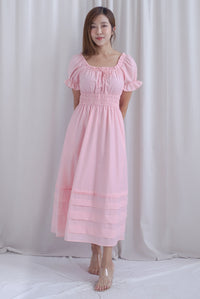 Whisper Frill Ruched Puffy Sleeve Pintuck Maxi Dress In Pink