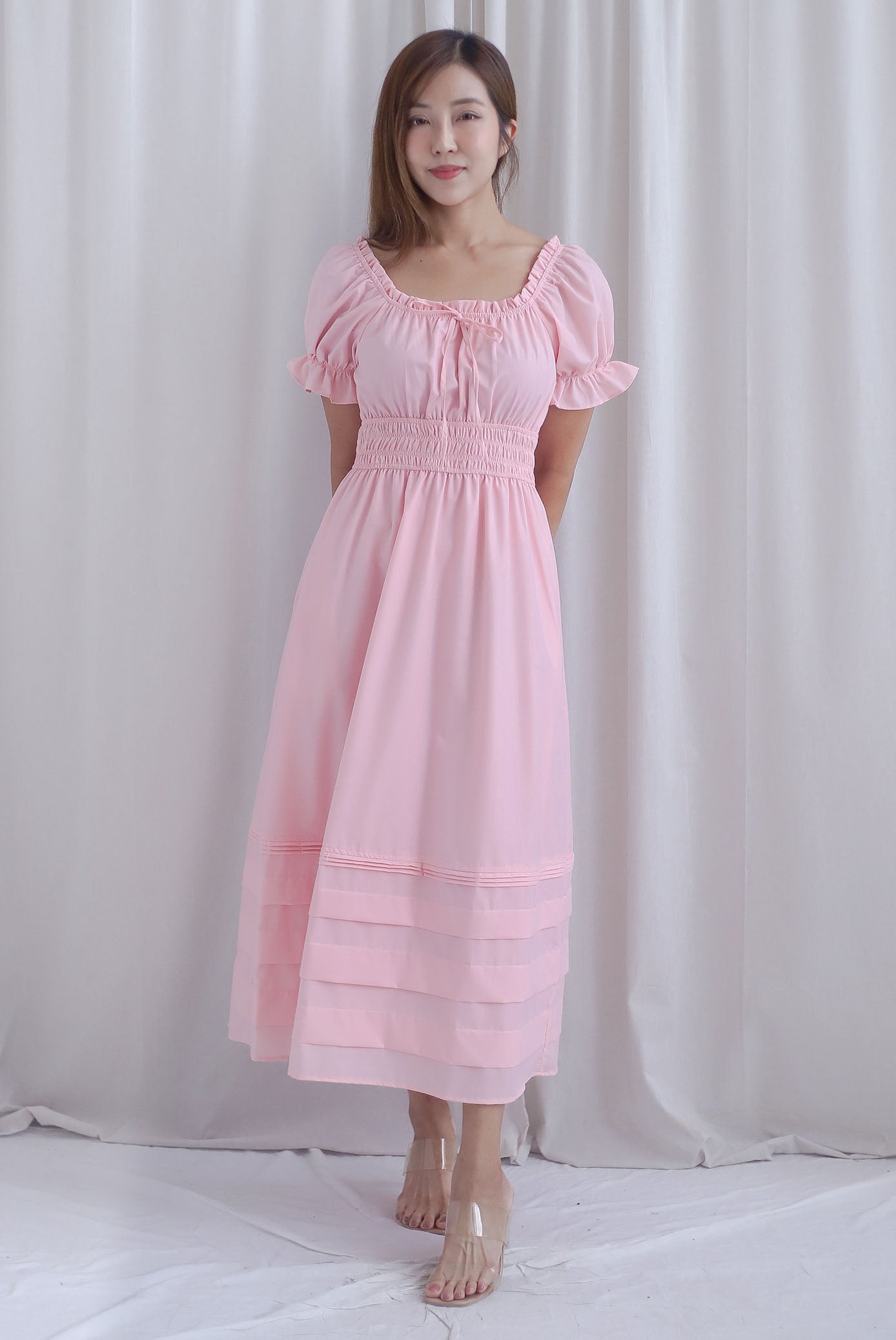 Whisper Frill Ruched Puffy Sleeve Pintuck Maxi Dress In Pink