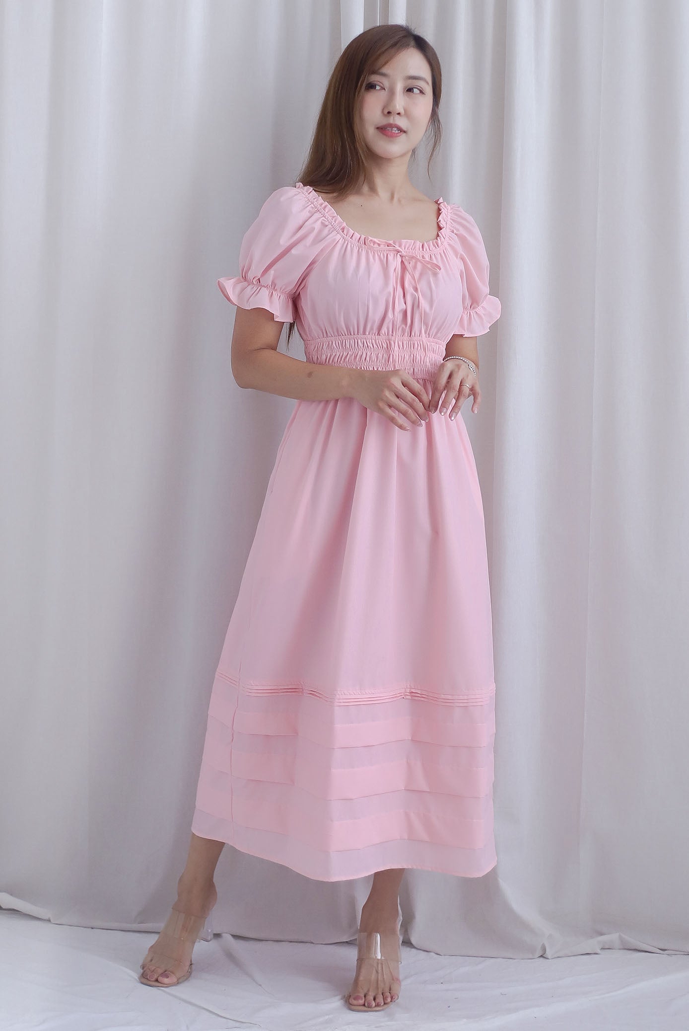 Whisper Frill Ruched Puffy Sleeve Pintuck Maxi Dress In Pink