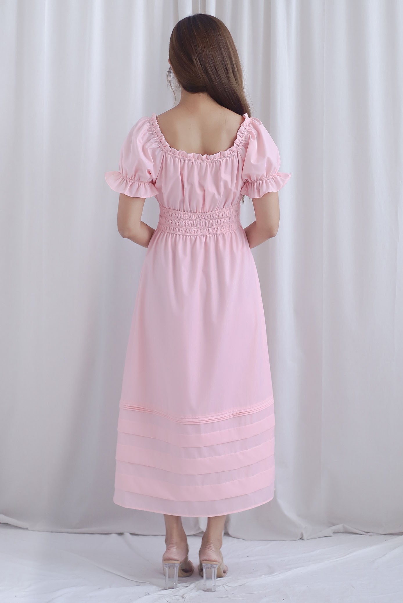 Whisper Frill Ruched Puffy Sleeve Pintuck Maxi Dress In Pink