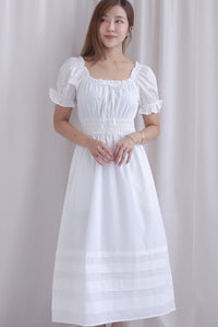 Whisper Frill Ruched Puffy Sleeve Pintuck Maxi Dress In White