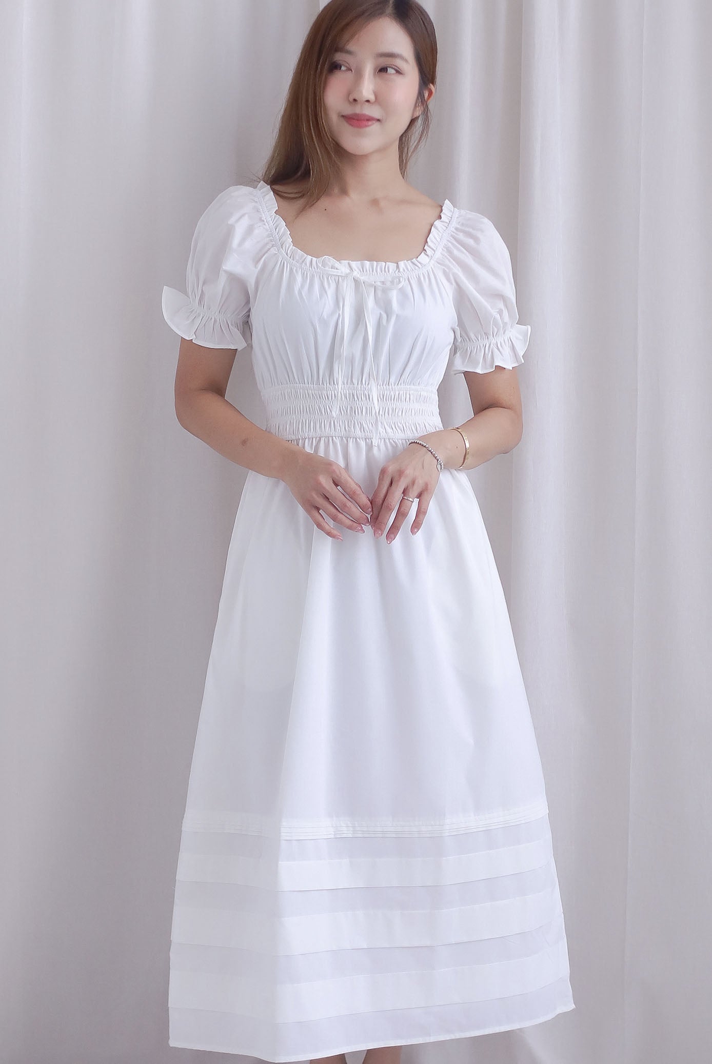 Whisper Frill Ruched Puffy Sleeve Pintuck Maxi Dress In White