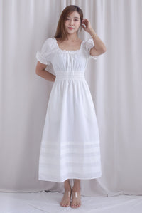 Whisper Frill Ruched Puffy Sleeve Pintuck Maxi Dress In White