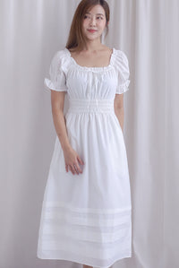 Whisper Frill Ruched Puffy Sleeve Pintuck Maxi Dress In White