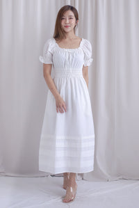 Whisper Frill Ruched Puffy Sleeve Pintuck Maxi Dress In White
