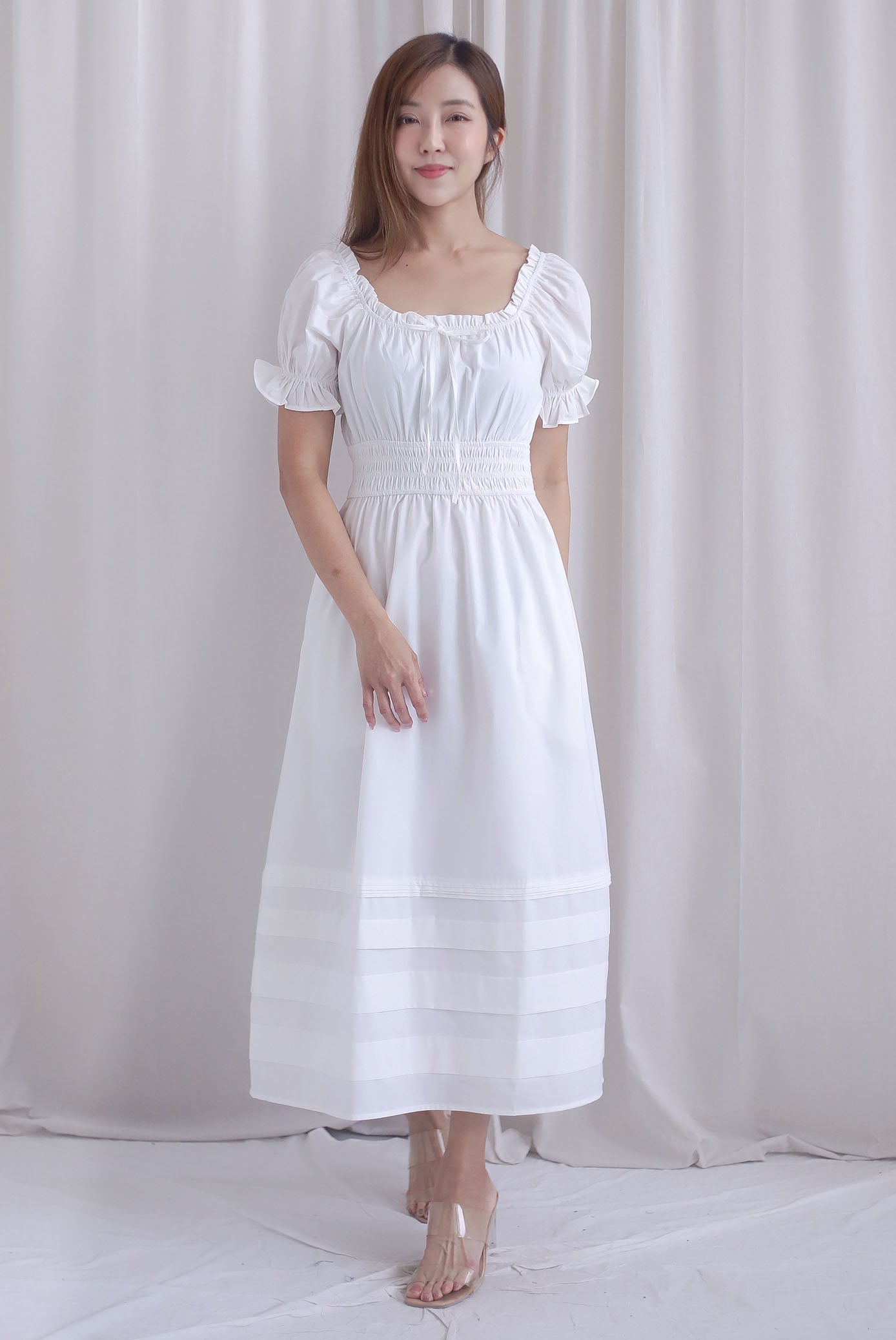 Whisper Frill Ruched Puffy Sleeve Pintuck Maxi Dress In White
