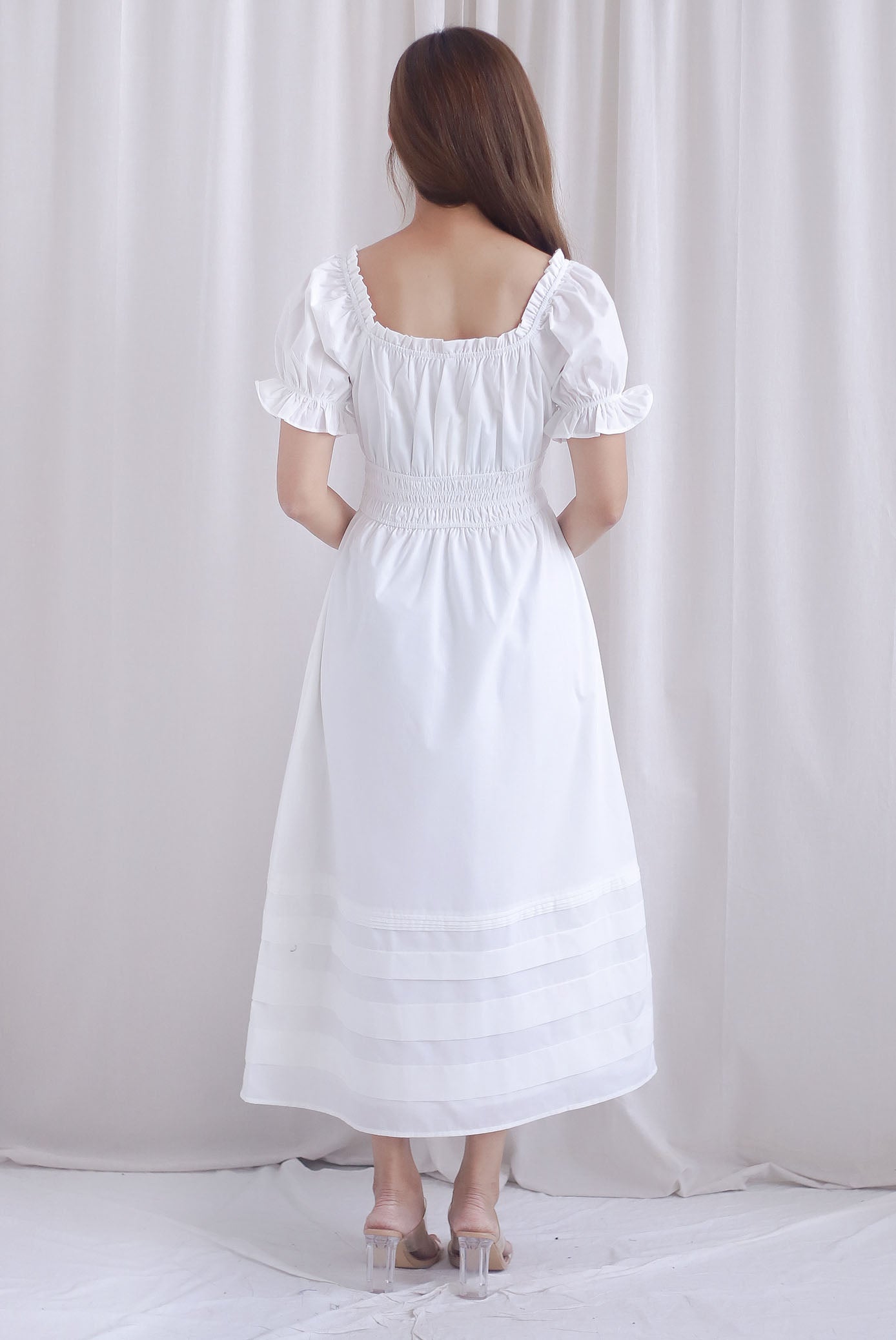 Whisper Frill Ruched Puffy Sleeve Pintuck Maxi Dress In White