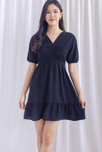 Willa Puffy Sleeve Ruched Romper Dress In Black