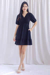 Willa Puffy Sleeve Ruched Romper Dress In Black