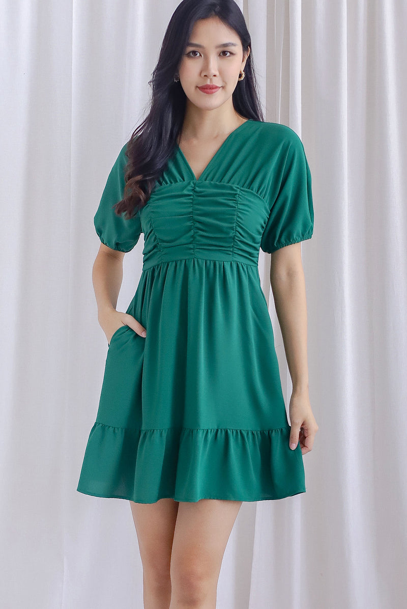 Willa Puffy Sleeve Ruched Romper Dress In Green