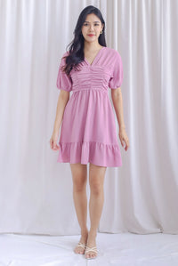 Willa Puffy Sleeve Ruched Romper Dress In Pink