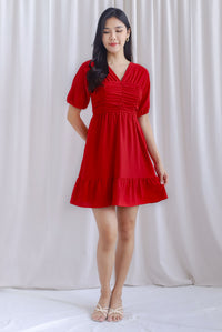 Willa Puffy Sleeve Ruched Romper Dress In Red