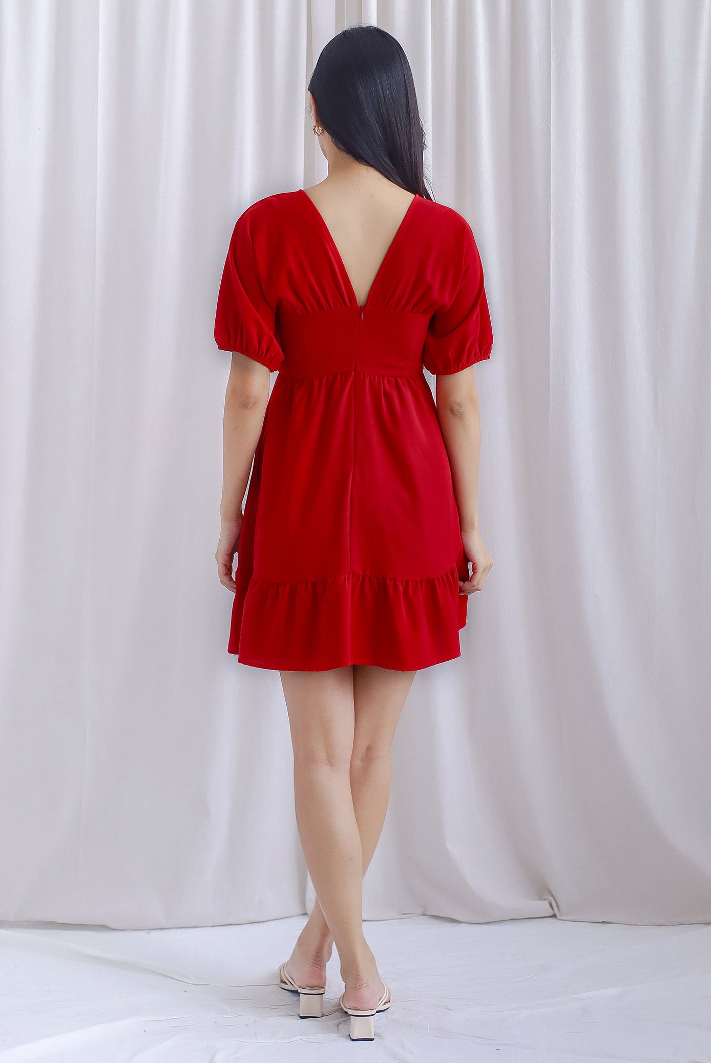 Willa Puffy Sleeve Ruched Romper Dress In Red