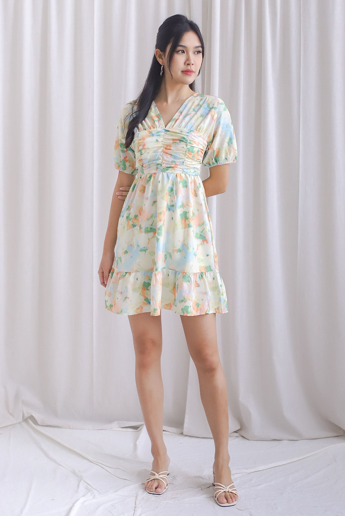 Willa Puffy Sleeve Ruched Romper Dress In Watercolour