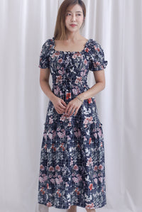 Willow Floral Grid Tie Waist Smocked Maxi Dress In Black