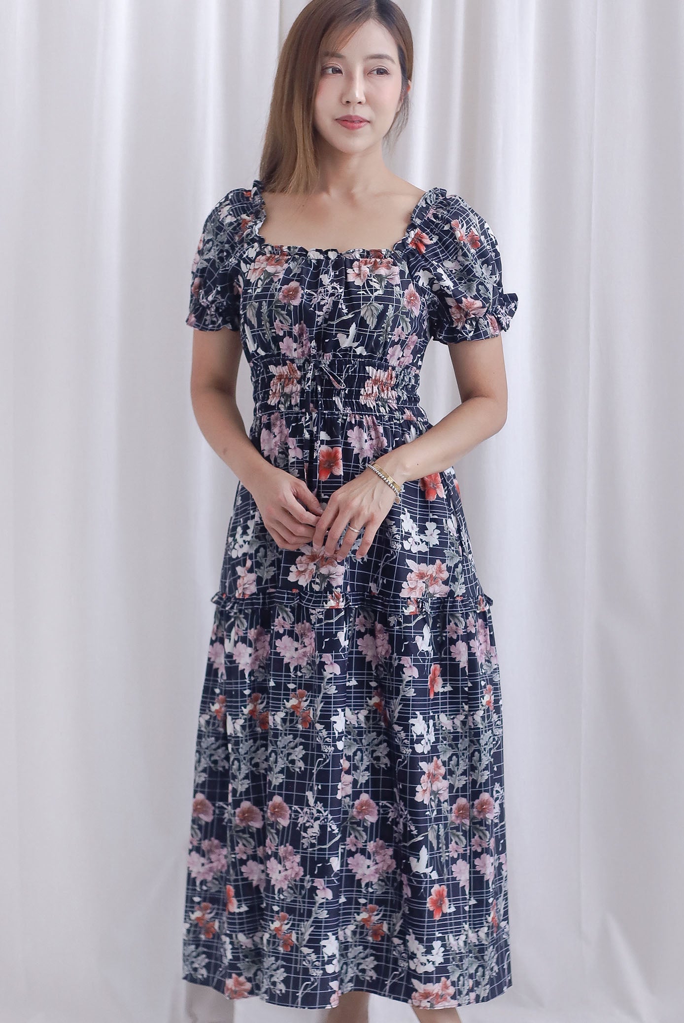 Willow Floral Grid Tie Waist Smocked Maxi Dress In Black