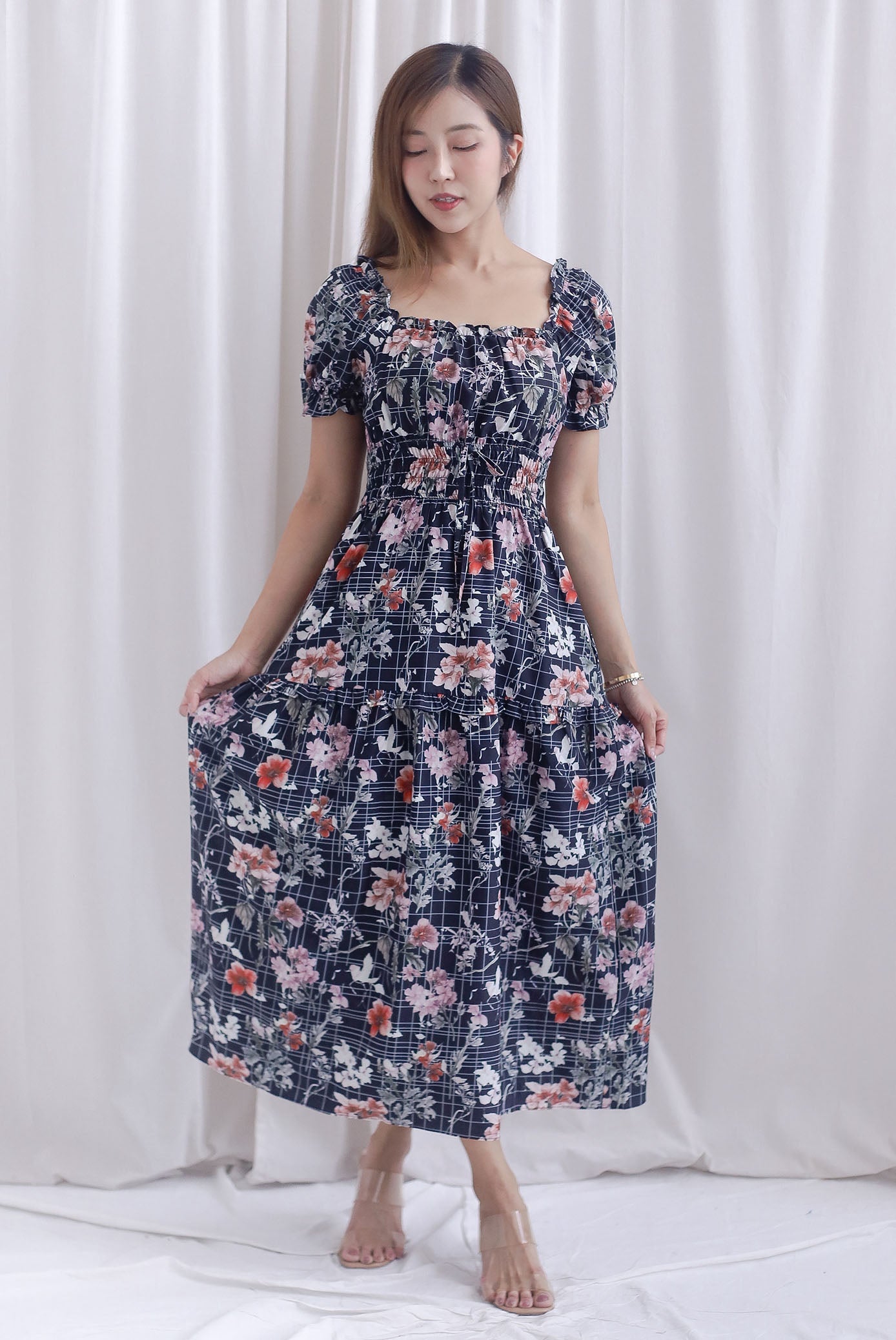 Willow Floral Grid Tie Waist Smocked Maxi Dress In Black