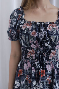 Willow Floral Grid Tie Waist Smocked Maxi Dress In Black