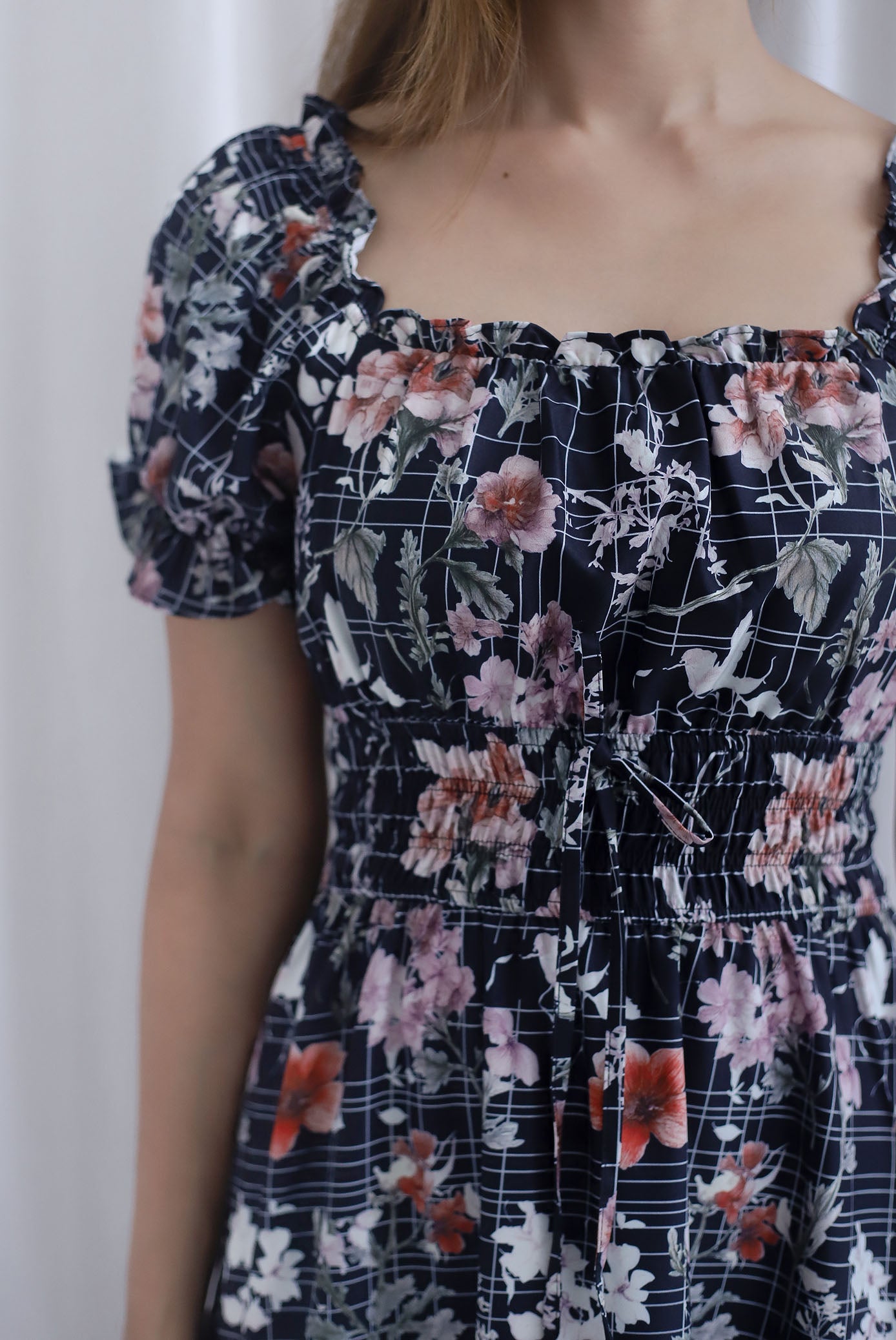 Willow Floral Grid Tie Waist Smocked Maxi Dress In Black