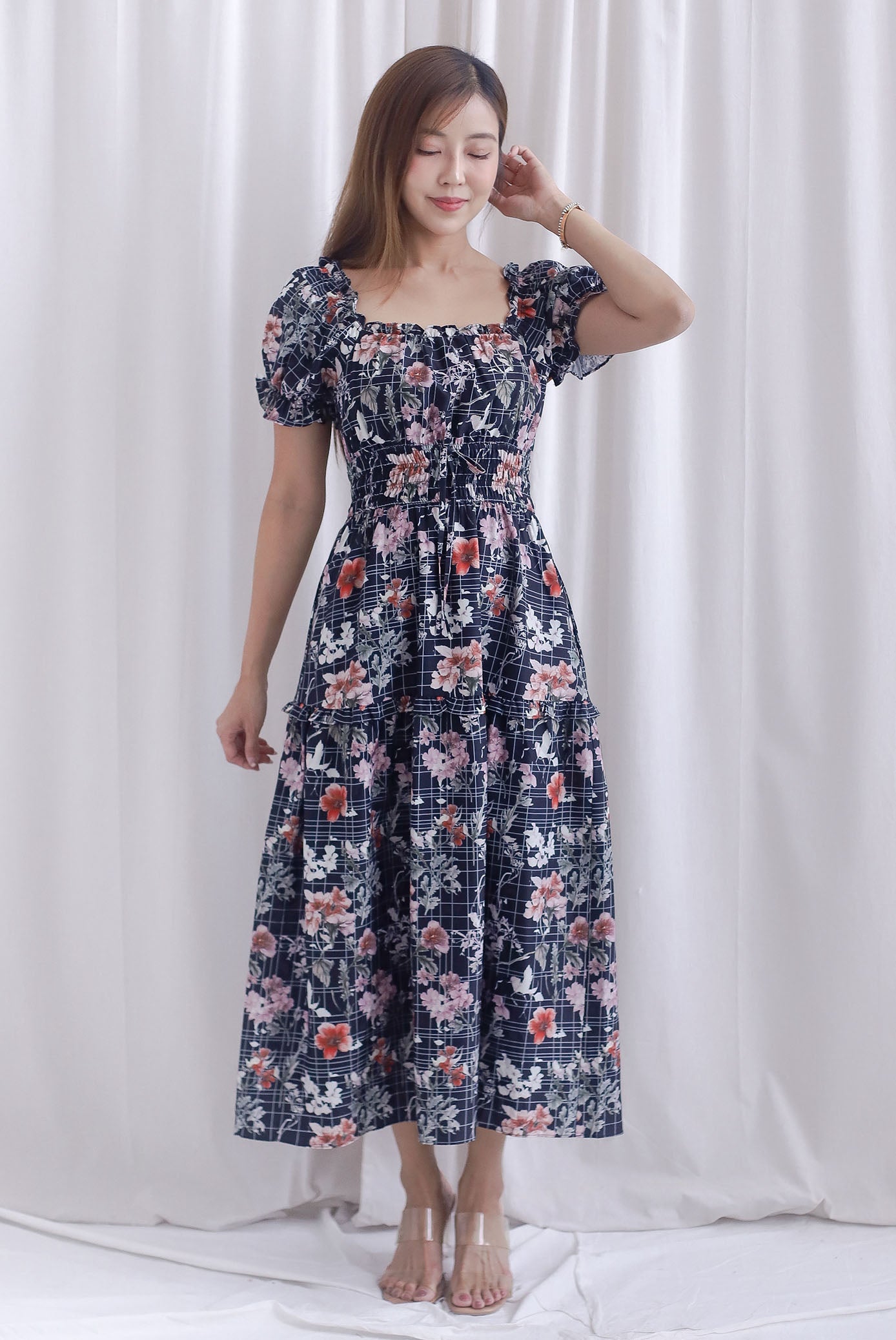 Willow Floral Grid Tie Waist Smocked Maxi Dress In Black