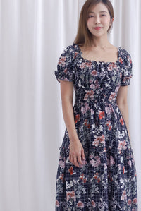 Willow Floral Grid Tie Waist Smocked Maxi Dress In Black