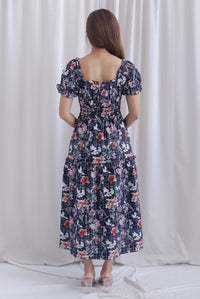 Willow Floral Grid Tie Waist Smocked Maxi Dress In Black