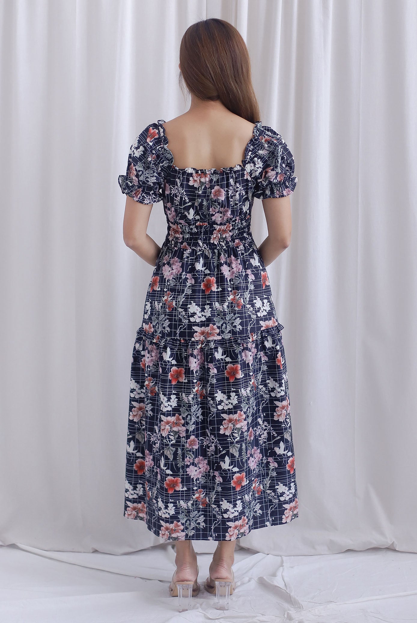 Willow Floral Grid Tie Waist Smocked Maxi Dress In Black