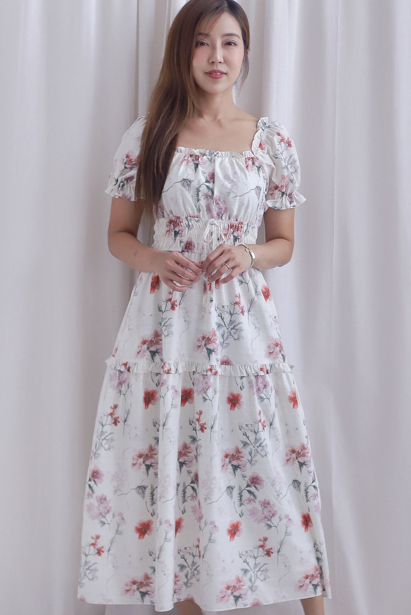 Willow Floral Grid Tie Waist Smocked Maxi Dress In White