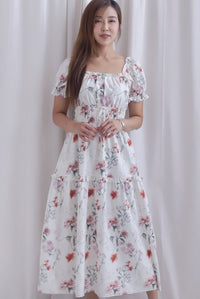 Willow Floral Grid Tie Waist Smocked Maxi Dress In White