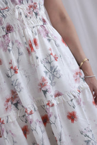 Willow Floral Grid Tie Waist Smocked Maxi Dress In White