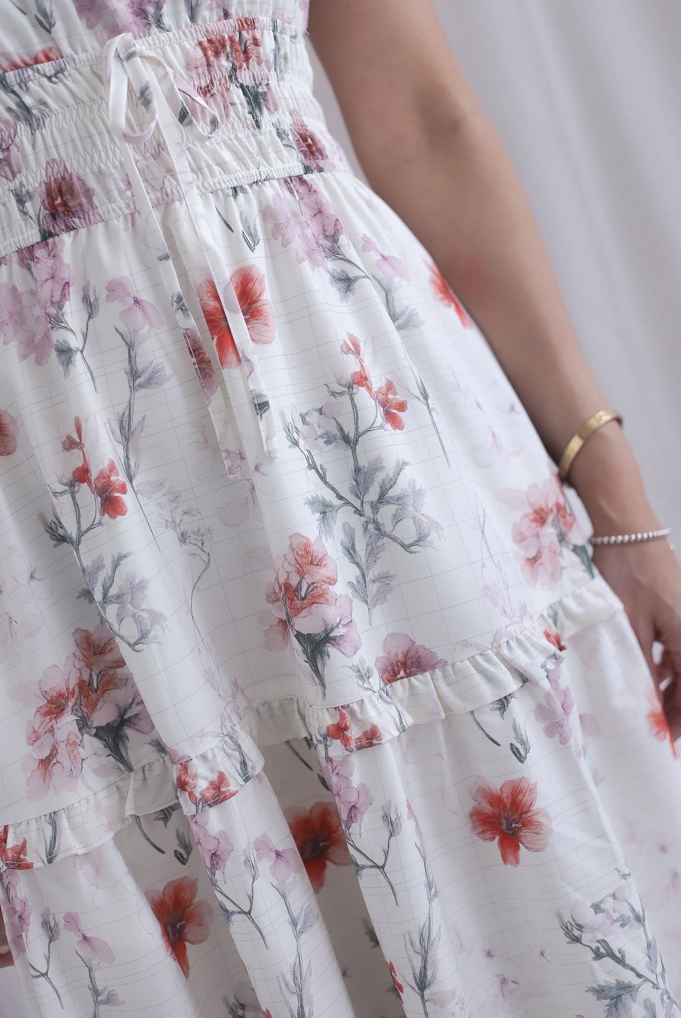 Willow Floral Grid Tie Waist Smocked Maxi Dress In White