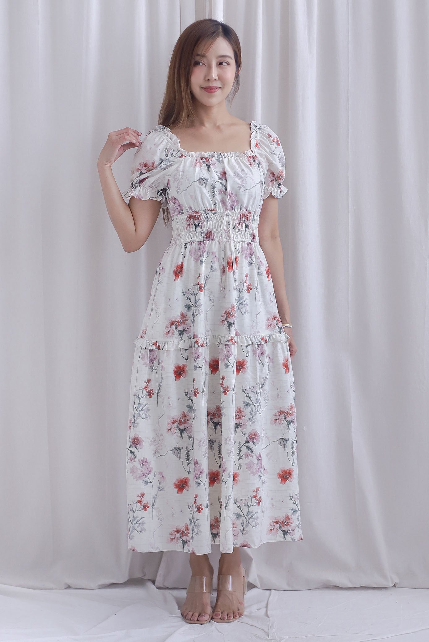 Willow Floral Grid Tie Waist Smocked Maxi Dress In White