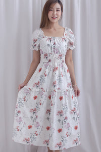 Willow Floral Grid Tie Waist Smocked Maxi Dress In White