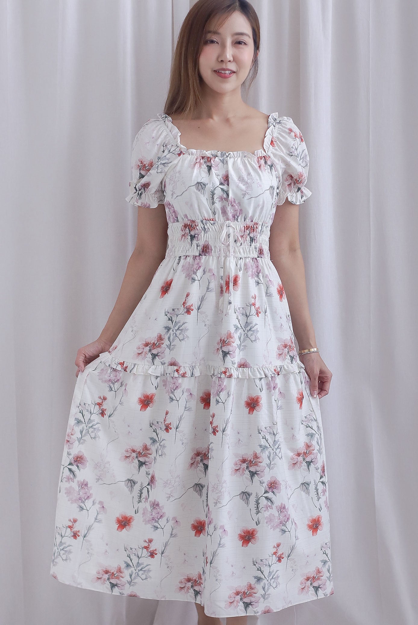 Willow Floral Grid Tie Waist Smocked Maxi Dress In White