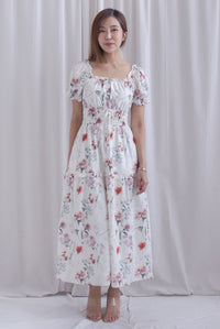 Willow Floral Grid Tie Waist Smocked Maxi Dress In White