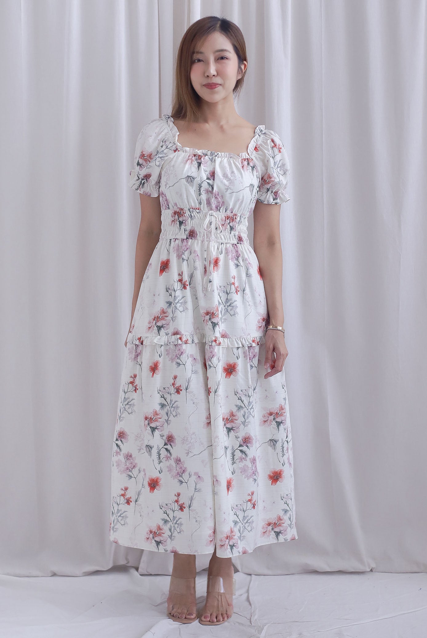 Willow Floral Grid Tie Waist Smocked Maxi Dress In White