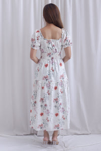 Willow Floral Grid Tie Waist Smocked Maxi Dress In White