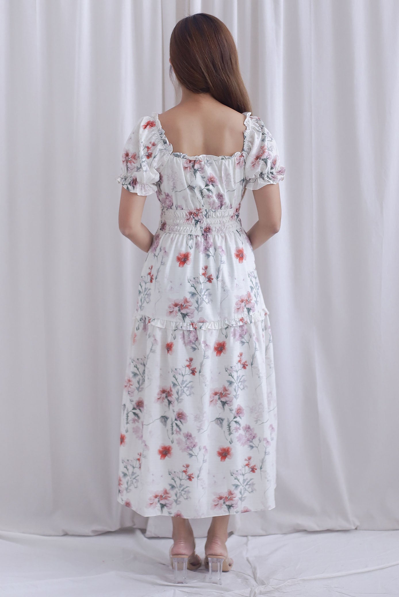 Willow Floral Grid Tie Waist Smocked Maxi Dress In White