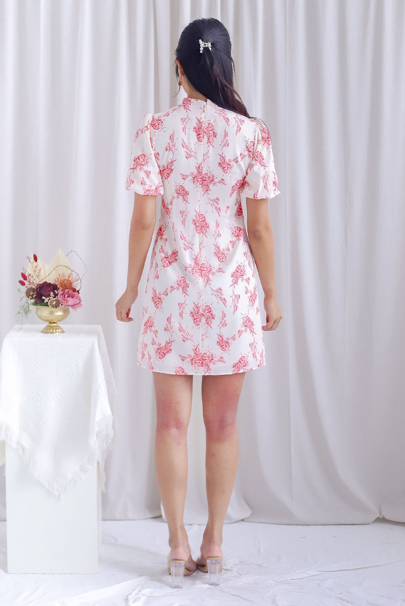 *Restocked* Yarn Buttons Removable Oriental Collar Dress In Coral Pink