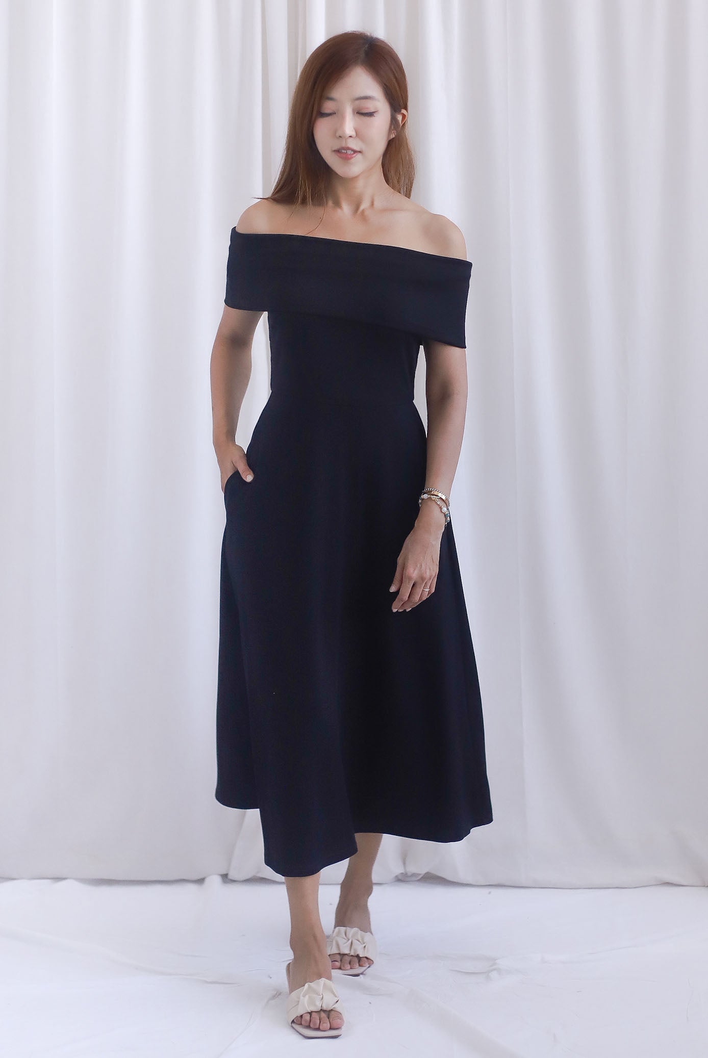 Zendaya Off Shoulder Skater Dress In Black