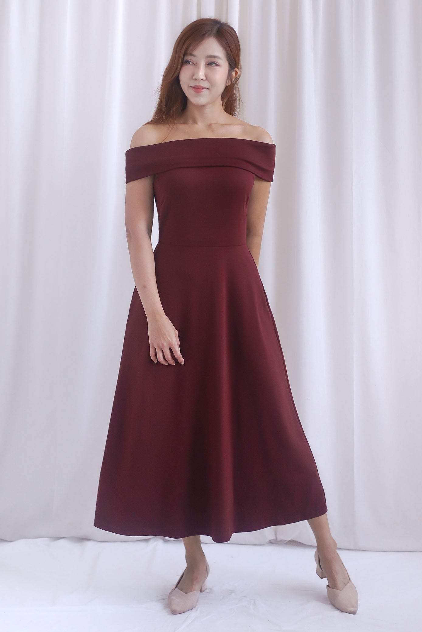 Zendaya Off Shoulder Skater Dress In Burgundy