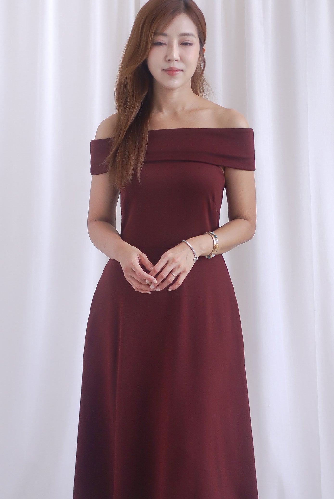 Zendaya Off Shoulder Skater Dress In Burgundy