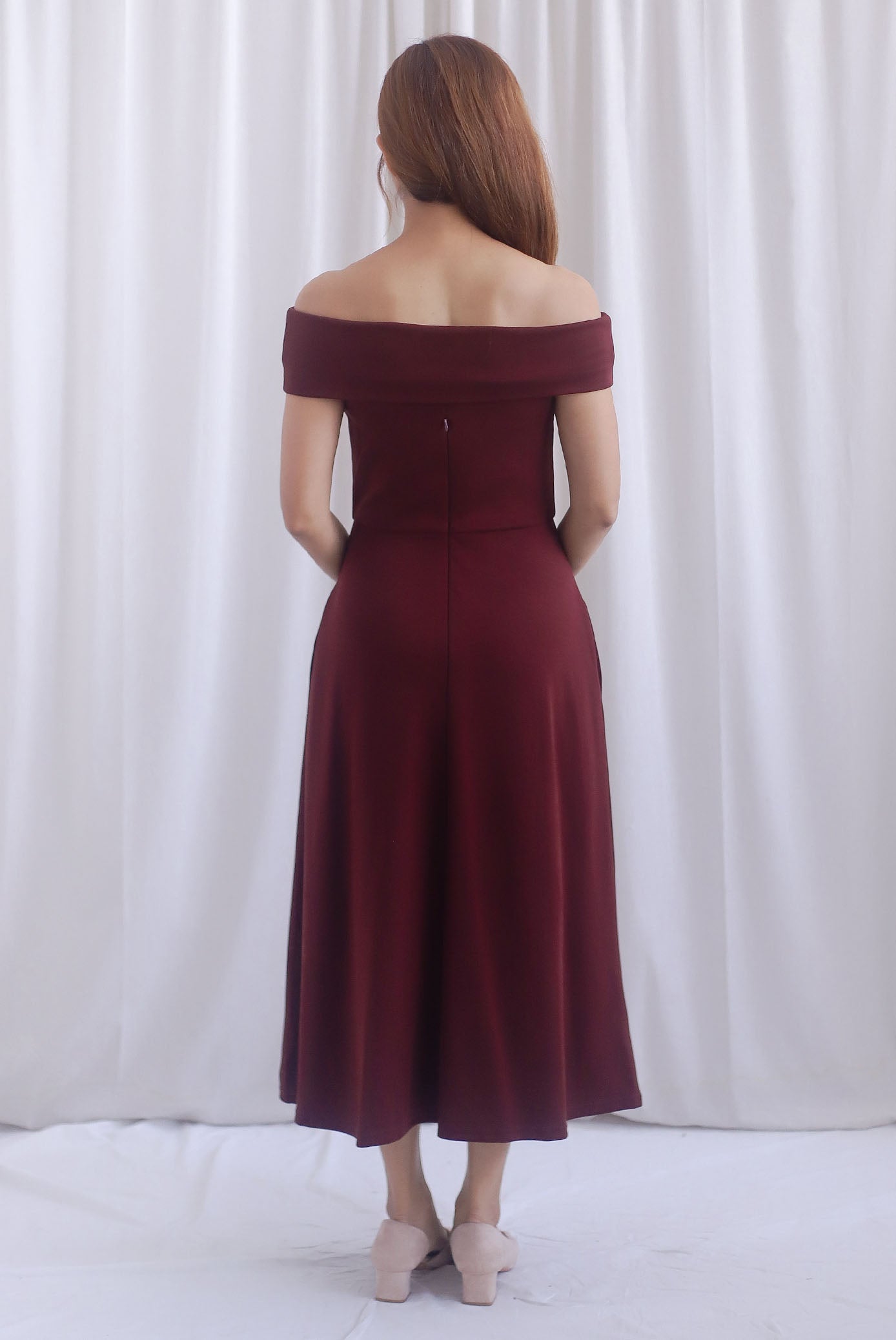 Zendaya Off Shoulder Skater Dress In Burgundy
