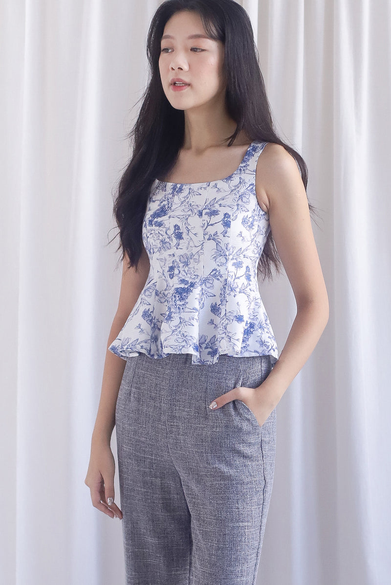 Zoey Porcelain Seam Peplum Top In Blue